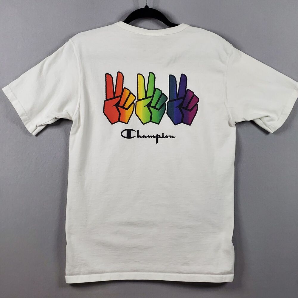 Champion Adult Size Medium Rainbow Pride Peace Sign Short Sleeve Tee